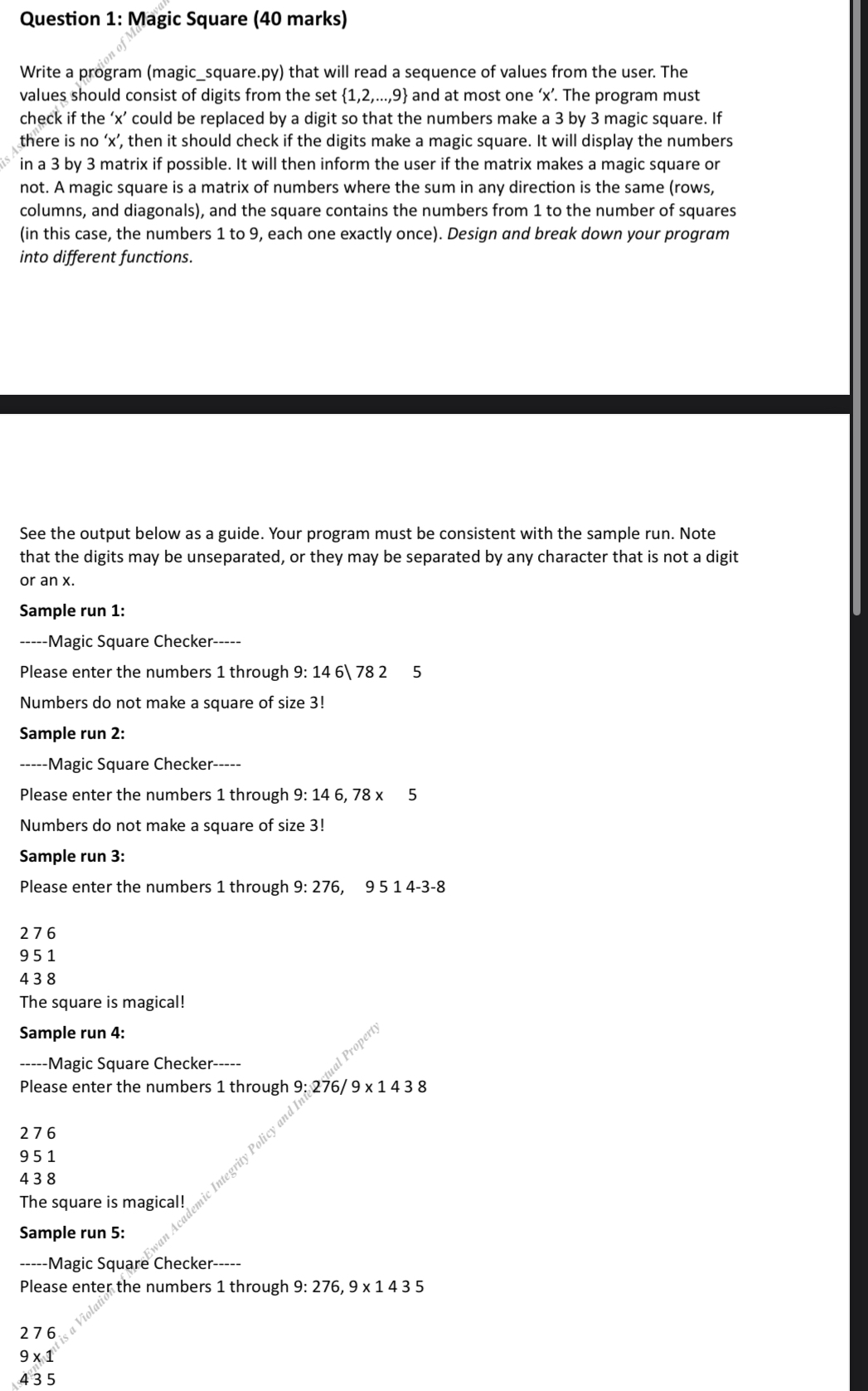 Solved Question 1: Magic Square (40 ﻿marks)Write a program | Chegg.com