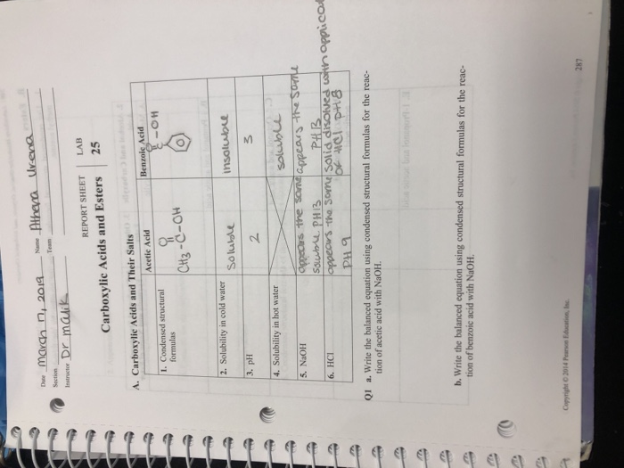 Solved Instructor Dr REPORT SHEET LAB Carboxylic Acids and | Chegg.com