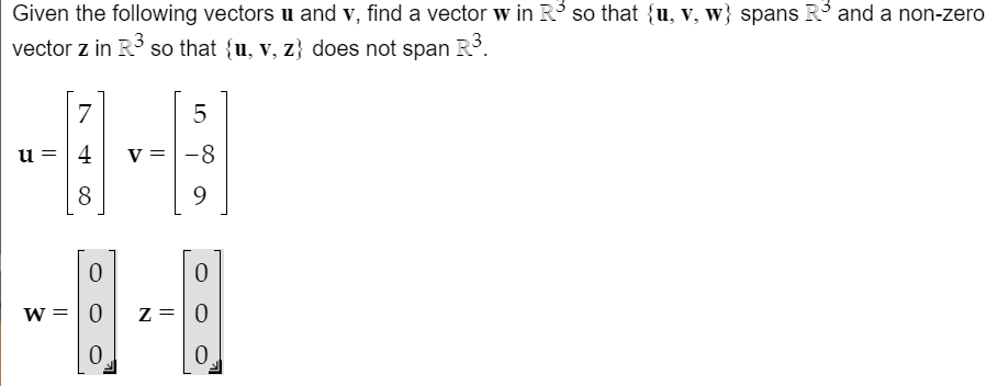 Solved Given the following vectors u and v, find a vector w | Chegg.com