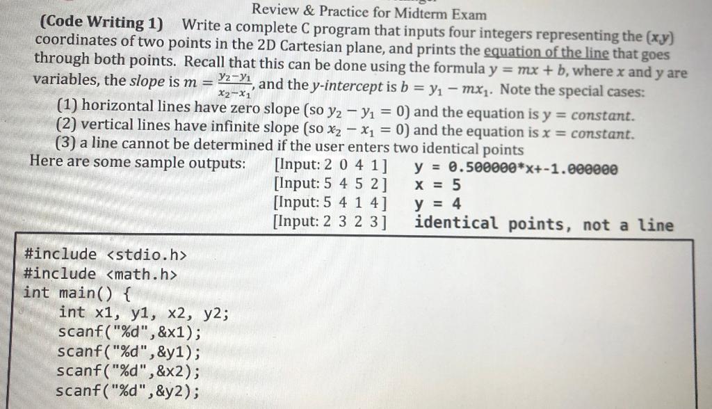 Solved Review & Practice for Midterm Exam (Code Writing 1) | Chegg.com
