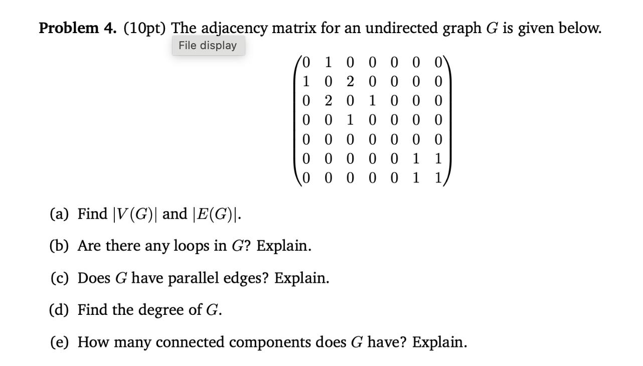 Solved Problem 4. (10pt) The adjacency matrix for an | Chegg.com