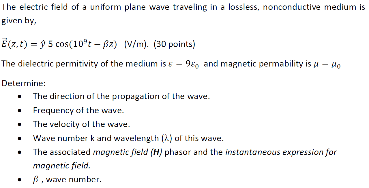 The Electric Field Of A Uniform Plane Wave Traveling Chegg Com