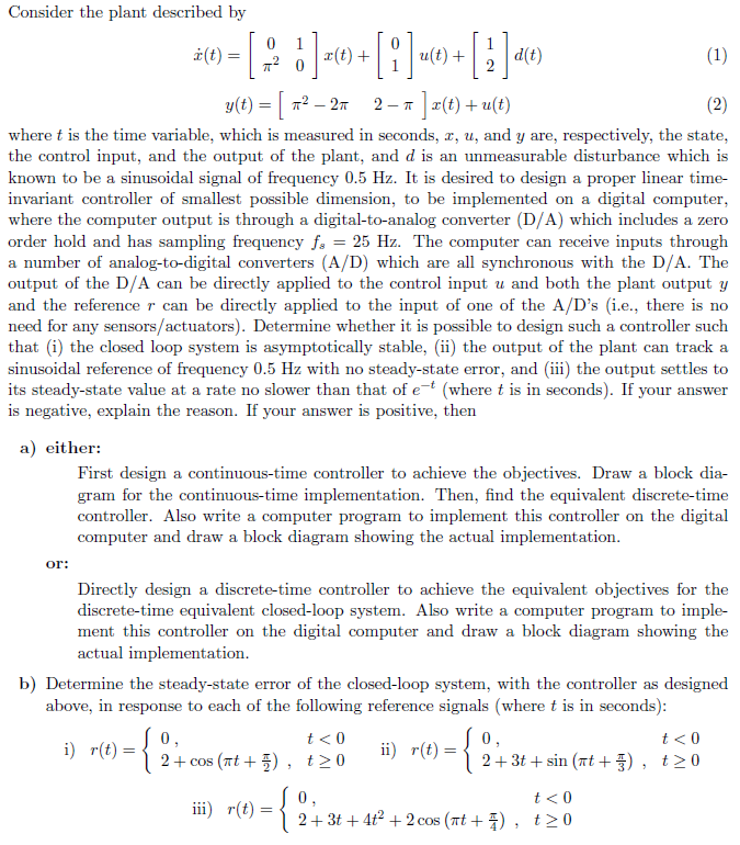 Solved Consider the plant described by i(t) = = [: |- [ | Chegg.com