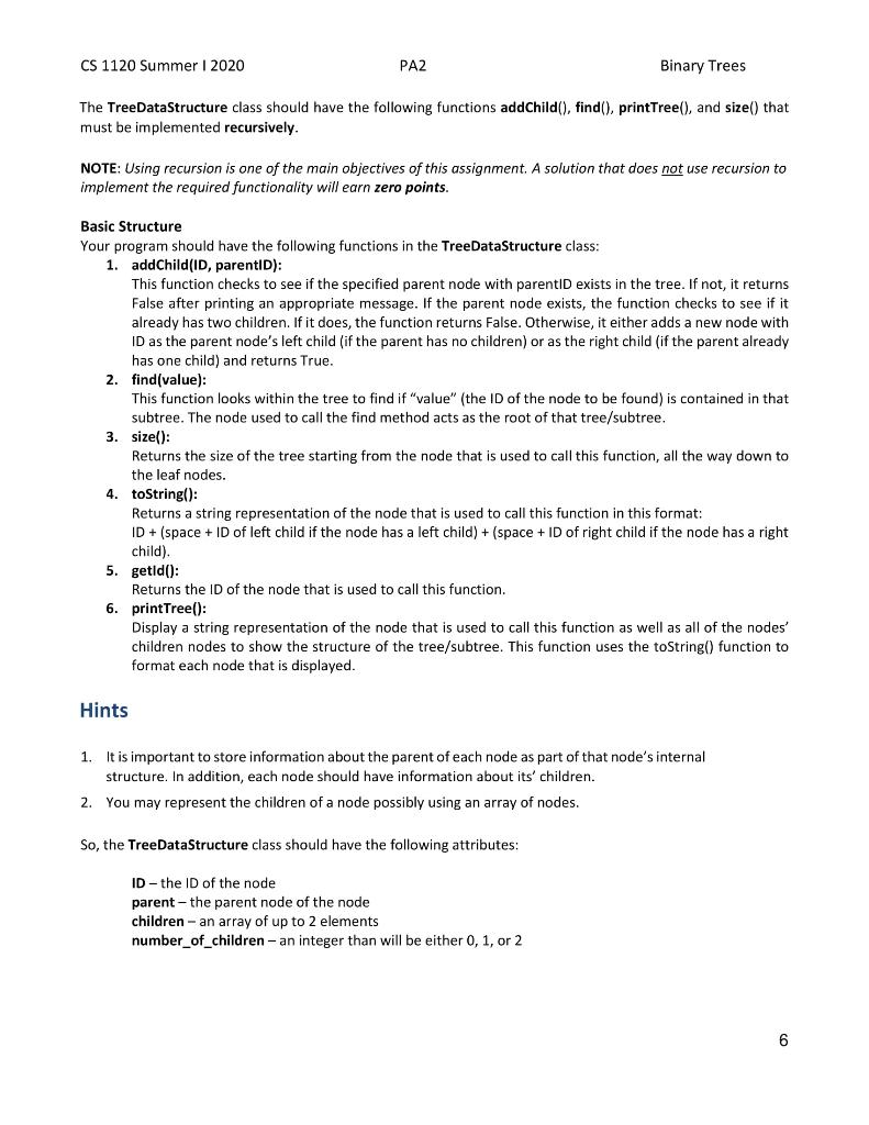 Solved CS 1120 Summer 2020 PA2 Binary Trees Programming | Chegg.com