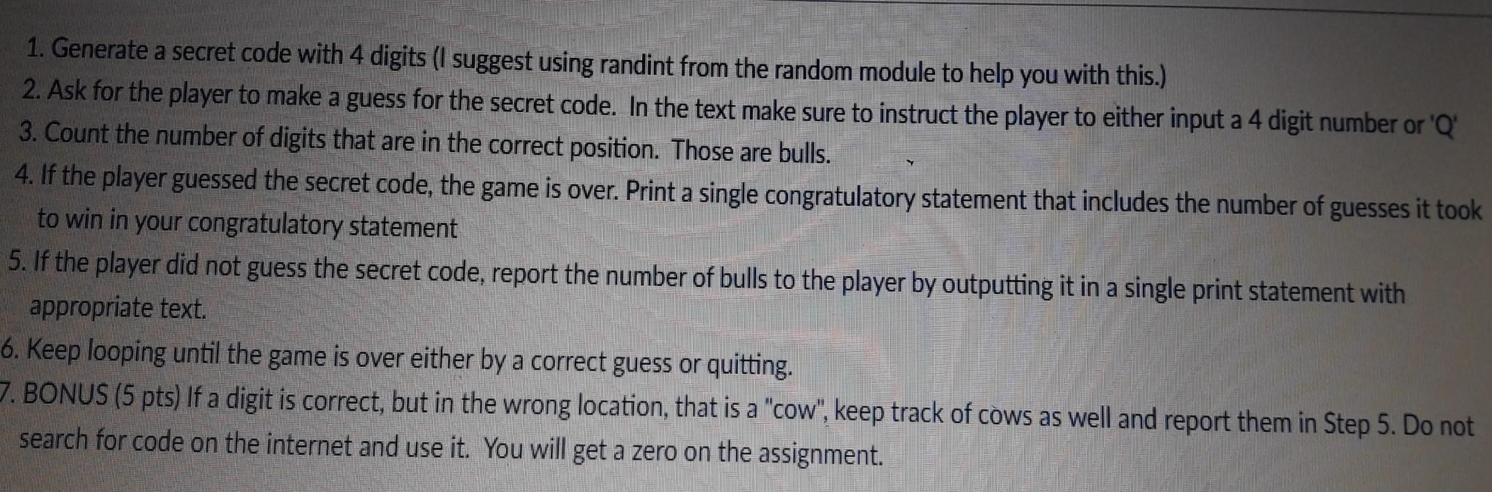 Solved 1. Generate a secret code with 4 digits (I suggest | Chegg.com