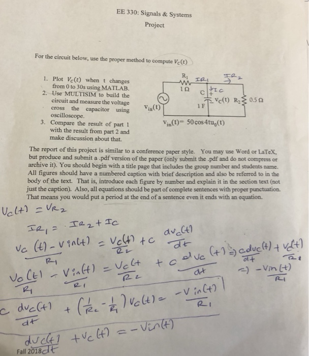 Solved EE 330: Signals & Systems Project For the circuit | Chegg.com