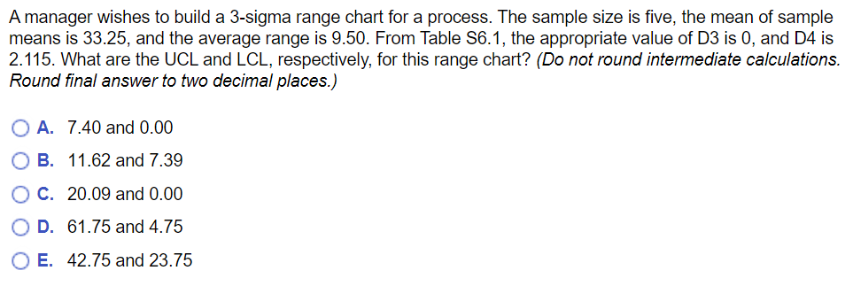 A manager wishes to build a 3-sigma range chart for a process. The sample size is five, the mean of sample means is \( 33.25 