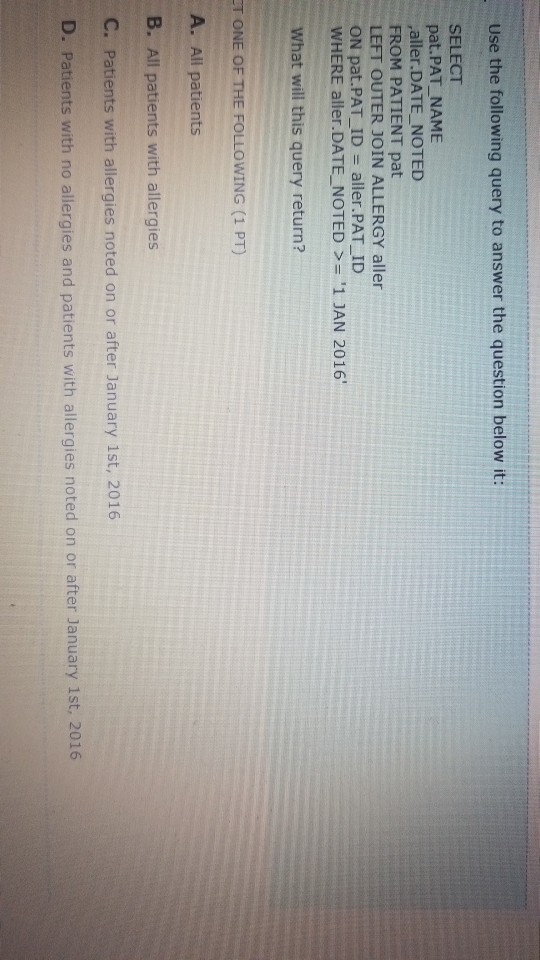 Solved Use the following query to answer the question below | Chegg.com