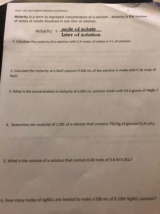 Solved Chem. 101 Lab Problems Molarity and Dilution Molarity
