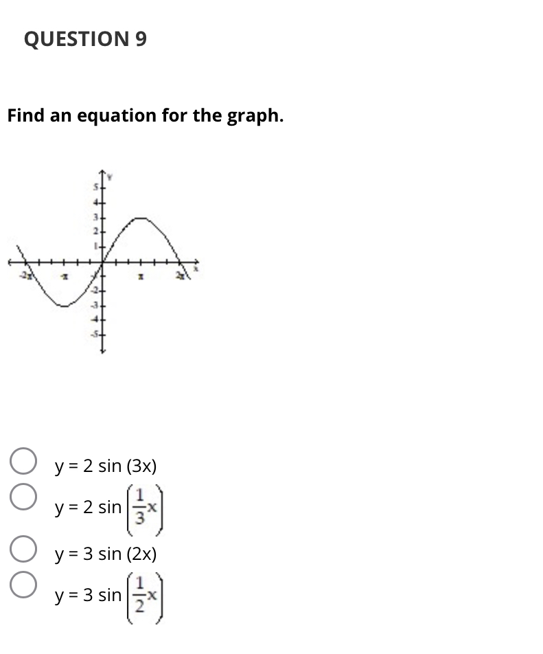 Find an equation for the graph. \[ \begin{array}{l} y=2 \sin (3 x) \\ y=2 \sin \left(\frac{1}{3} x\right) \\ y=3 \sin (2 x) \