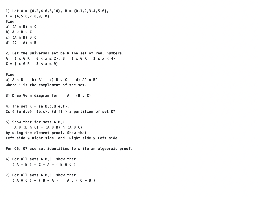 Solved 1) Let A = {0,2,4,6,8,10}, B = {0,1,2,3,4,5,6}, C = | Chegg.com