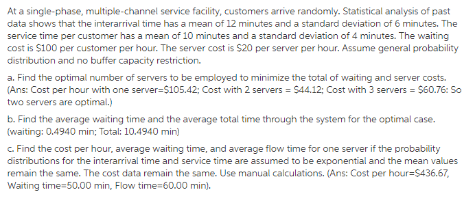Solved At a single-phase, multiple-channel service facility, | Chegg.com