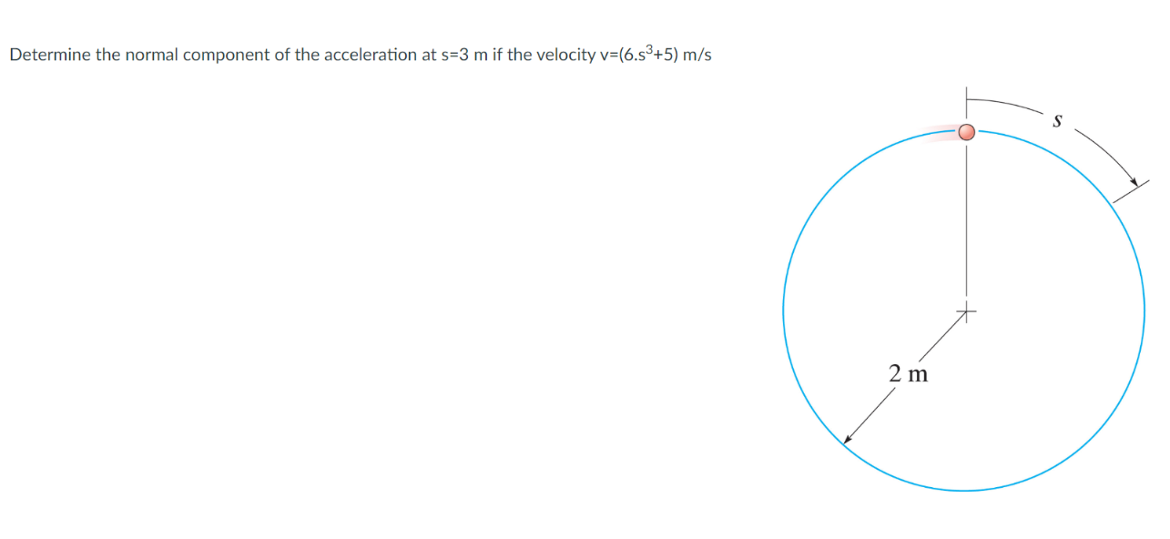 Determine the normal component of the acceleration at \( \mathrm{s}=3 \mathrm{~m} \) if the velocity \( \mathrm{v}=\left(6 . 