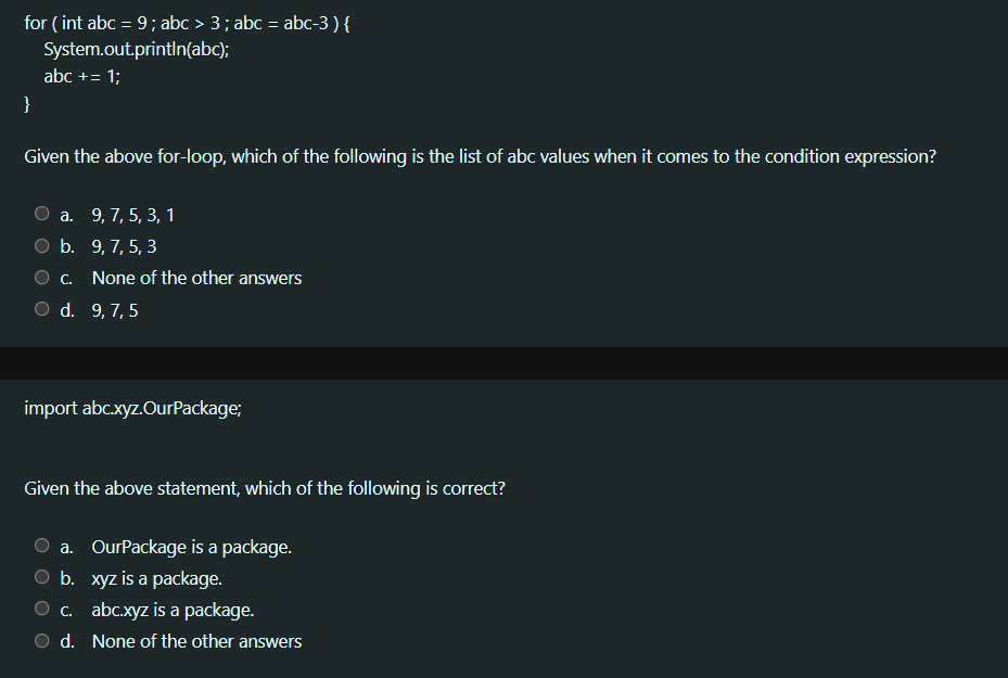 Solved = = abc-3) { for (int abc = 9; abc > 3; abc | Chegg.com