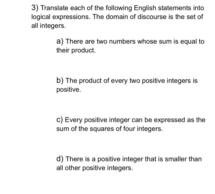 Solved 3) Translate each of the following English statements | Chegg.com