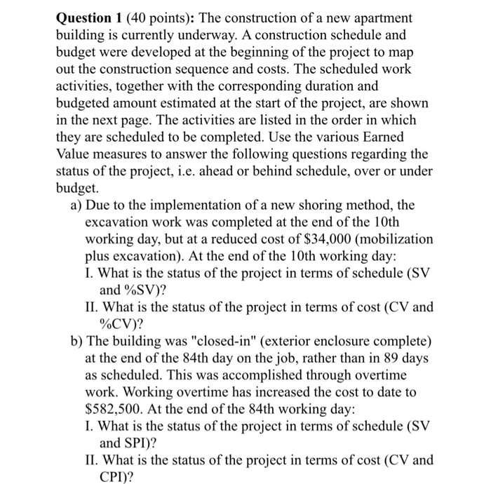 Solved Question 1 (40 points): The construction of a new | Chegg.com