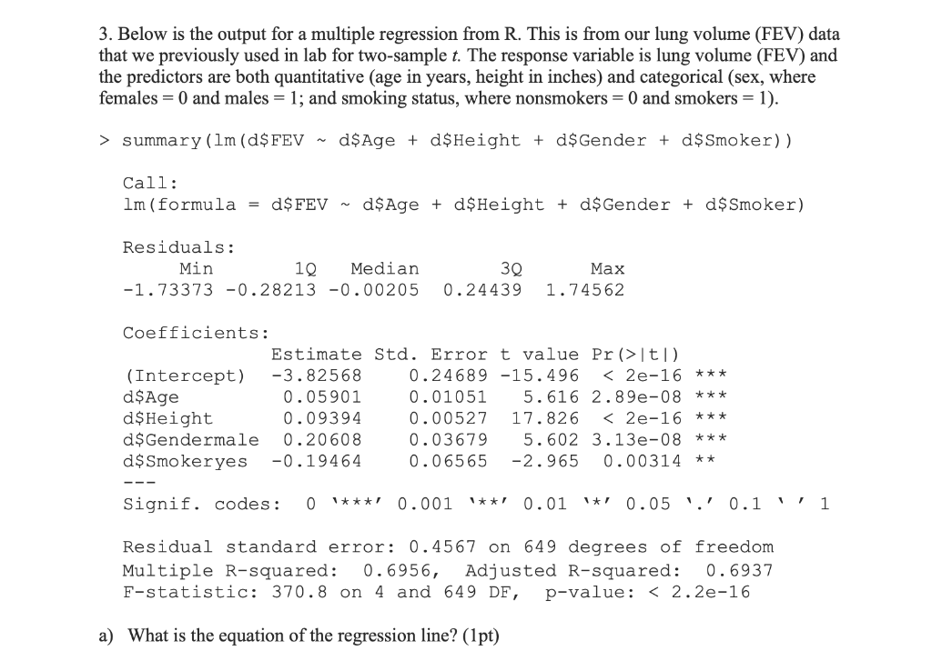 Solved 3. Below is the output for a multiple regression from | Chegg.com