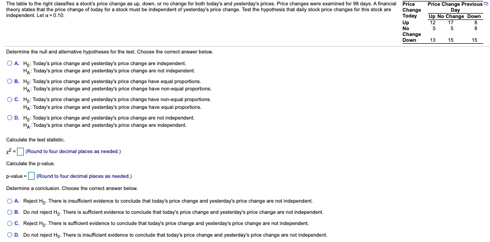 Solved The table to the right classifies a stock s price Chegg