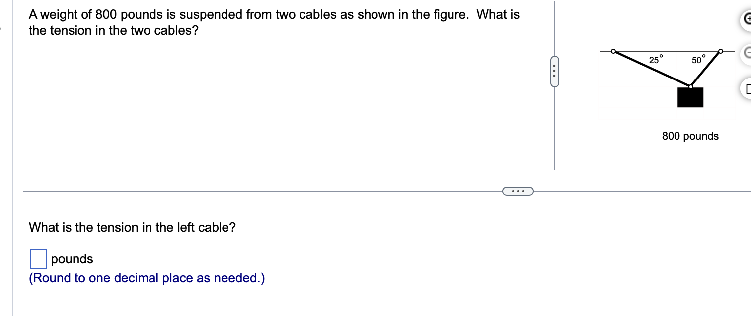 Solved A weight of 800 pounds is suspended from two cables