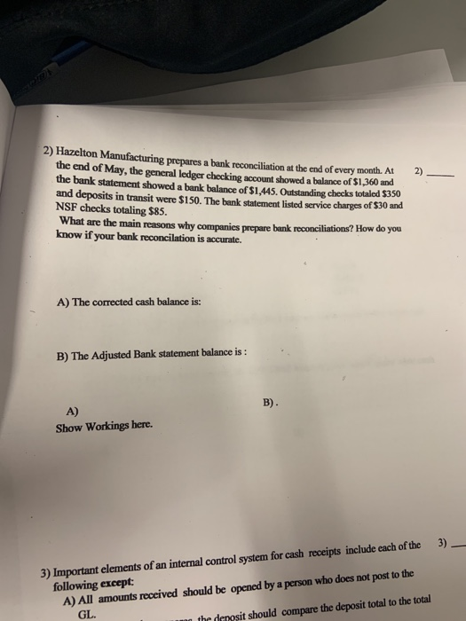 Solved 2) Hazelton n Manufacturing prepares a bank