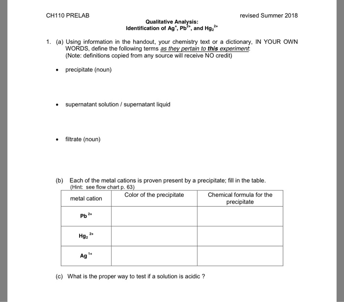 Solved CH110 PRELAB Revised Summer 2018 Qualitative | Chegg.com