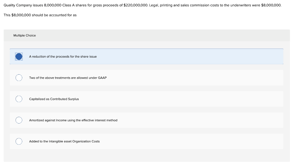 Solved Quality Company issues 8,000,000 Class A shares for | Chegg.com