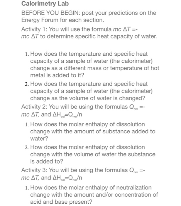 Solved Calorimetry Lab BEFORE YOU BEGIN post your