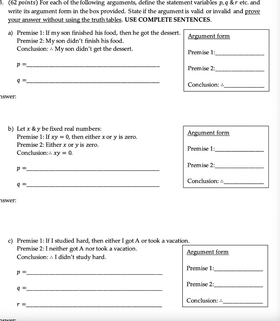 Solved b) (4 points) Consider the following argument form | Chegg.com