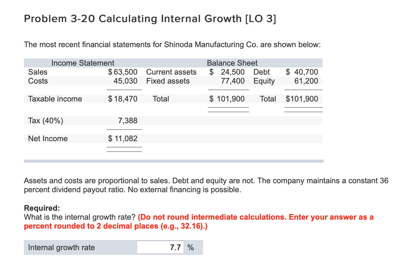 Solved Problem 3-20 Calculating Internal Growth [LO 3] The | Chegg.com