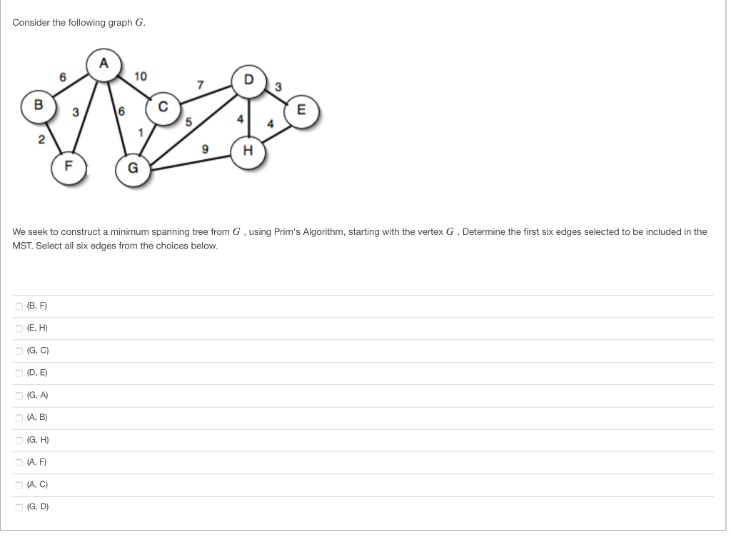Solved Consider the following graph G. 10 B 3 6 С E 4 2. 9 H | Chegg.com