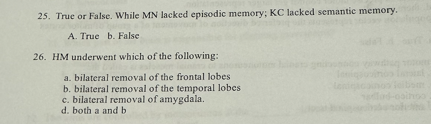 Solved 25. True or False. While MN lacked episodic memory; | Chegg.com