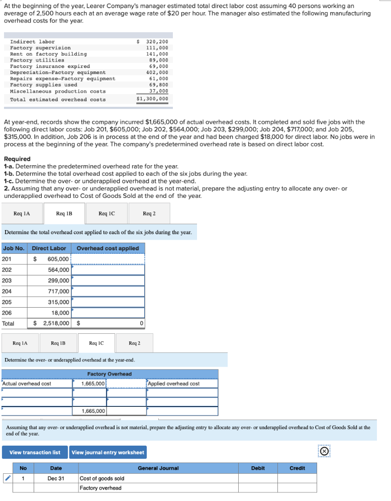 Solved At the beginning of the year, Learer Company's