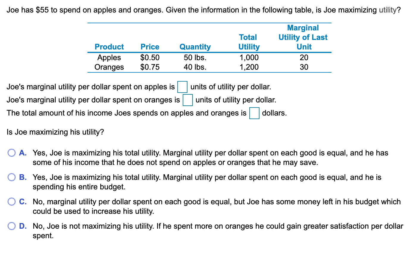 Solved Joe has 55 to spend on apples and oranges. Given