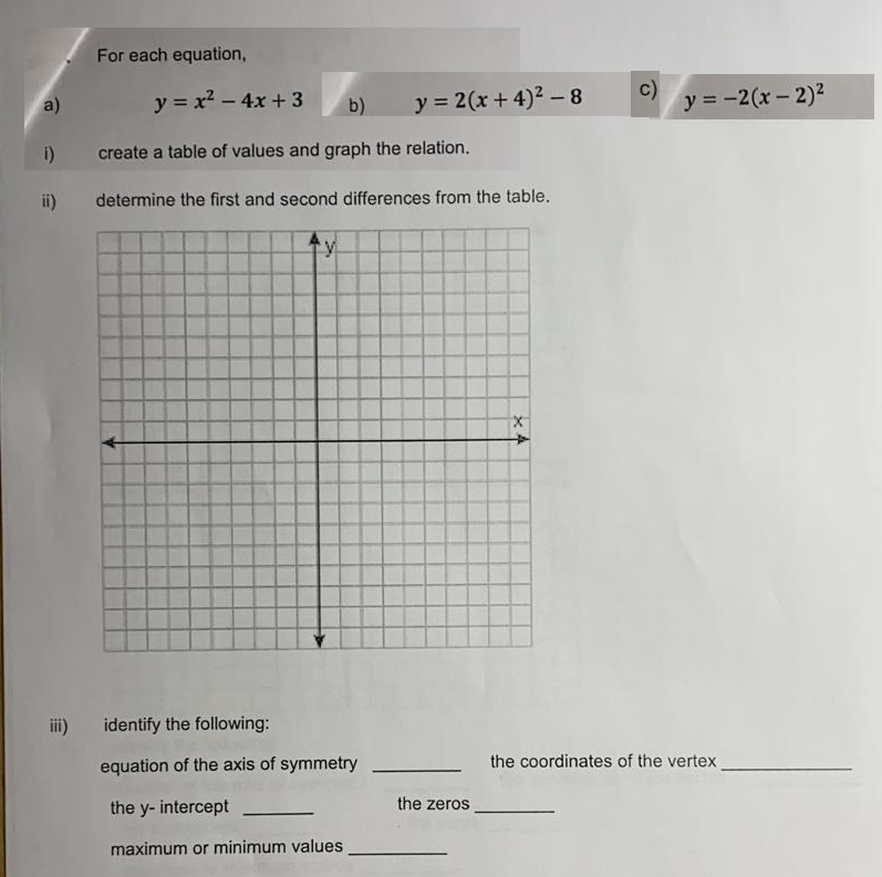 For Each Equation C A Y X2 4x 3 B Y 2 X Chegg Com