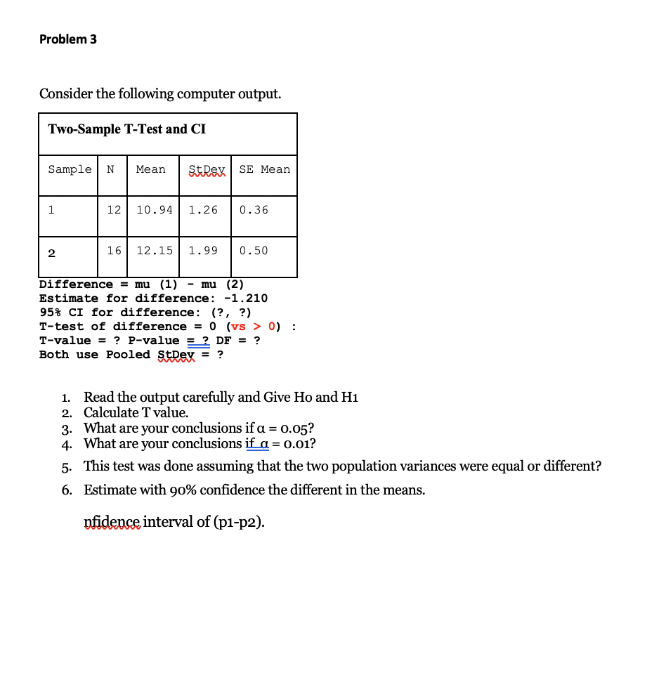 Solved Problem 3 Consider the following computer output. | Chegg.com