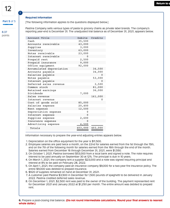 Solved Return to a 12 Part 5 of 5 Required information The | Chegg.com