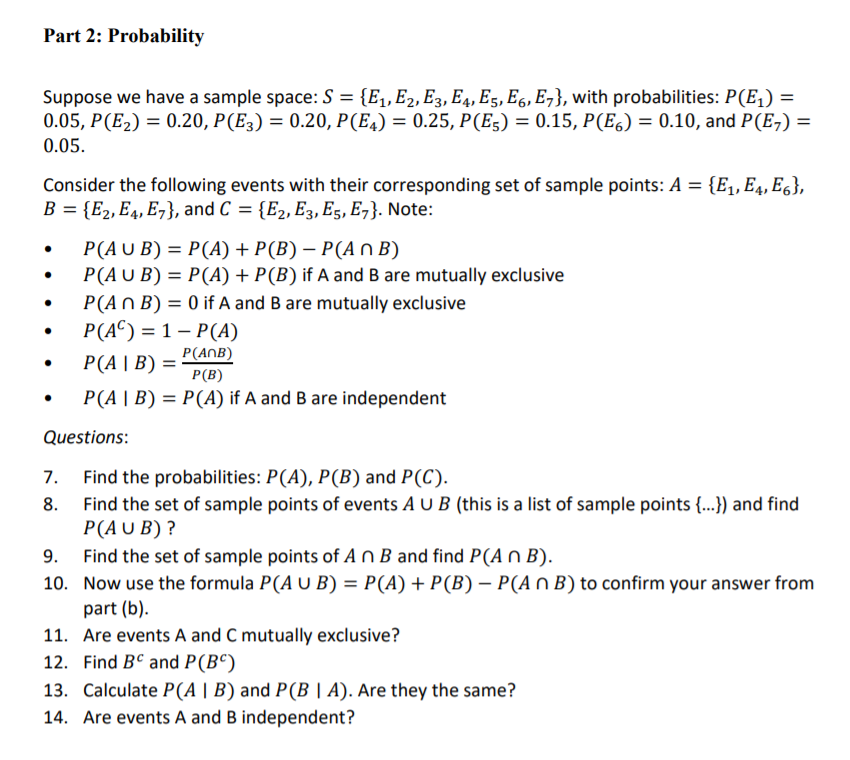 Solved Part 2: Probability Suppose we have a sample space: S | Chegg.com