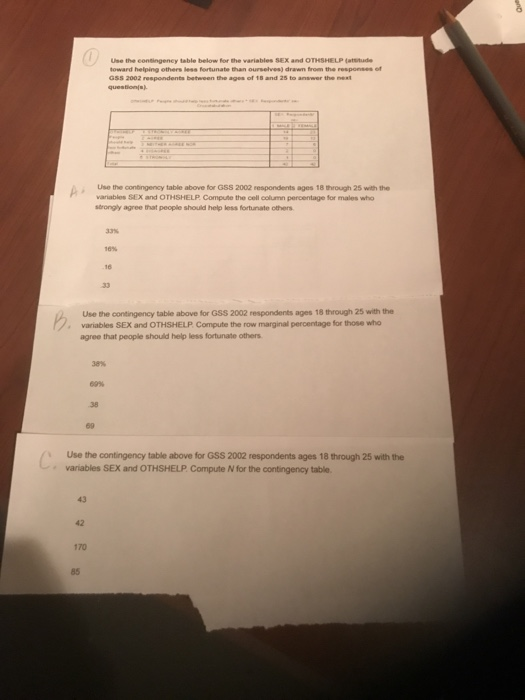 Use The Contingency Table Below For The Variables Sex