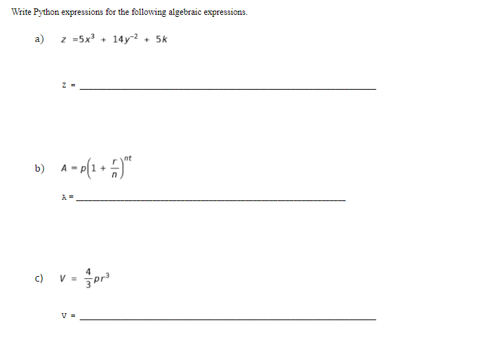 Solved Write Python expressions for the following algebraic | Chegg.com