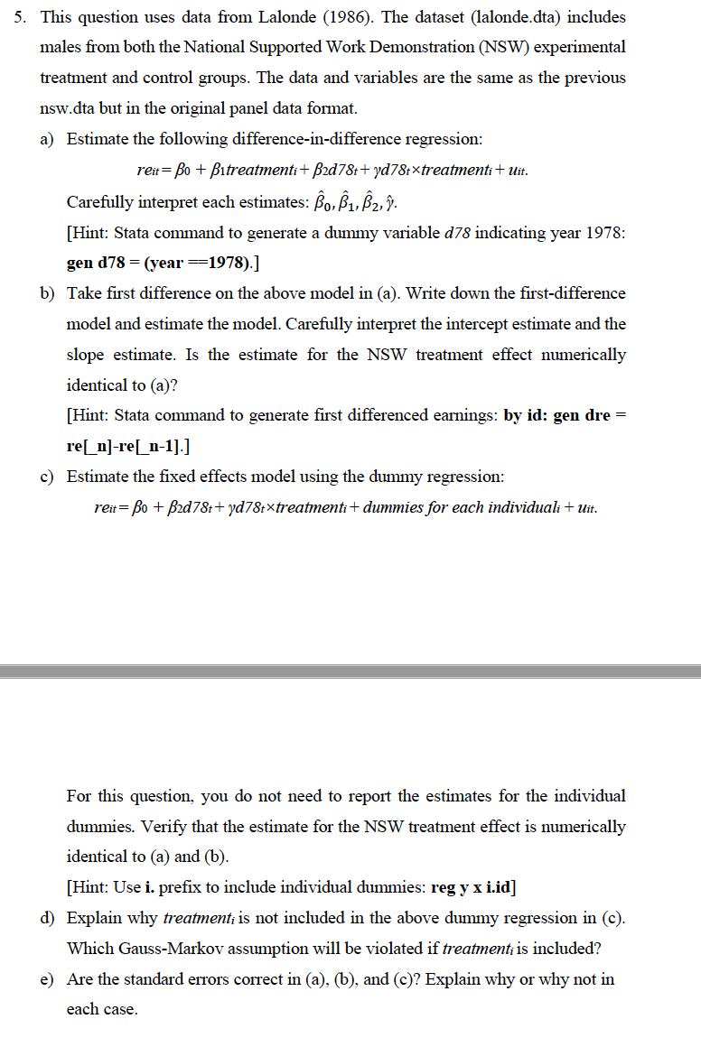 5. This question uses data from Lalonde (1986). The | Chegg.com