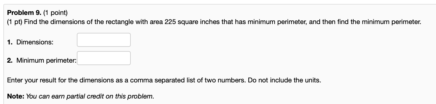 Solved Problem 9. (1 point) (1 pt) Find the dimensions of | Chegg.com