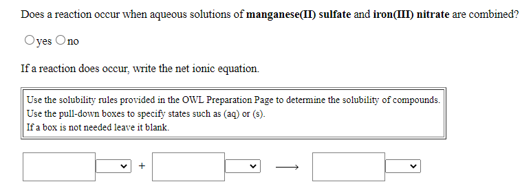 Solved Does A Reaction Occur When Aqueous Solutions Of Chegg Com