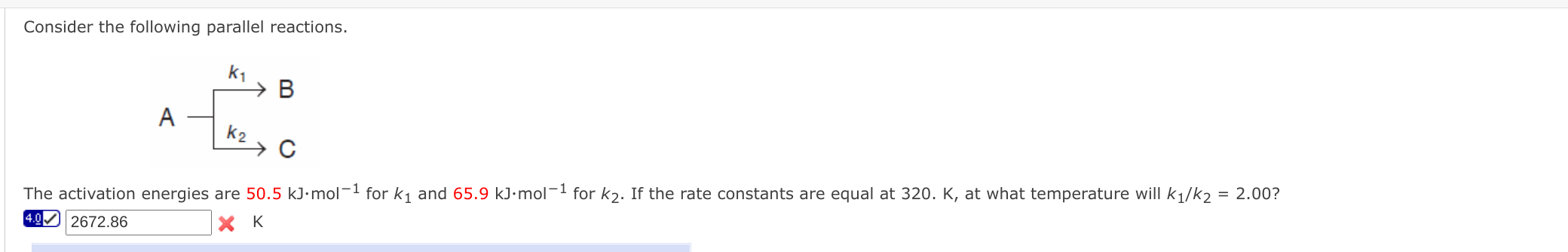 Solved Consider The Following Parallel Reactions. K1 K2 B A | Chegg.com