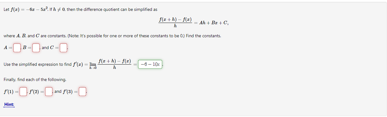 Solved Let Fx−6x−5x2 If H≠0 Then The Difference 2700