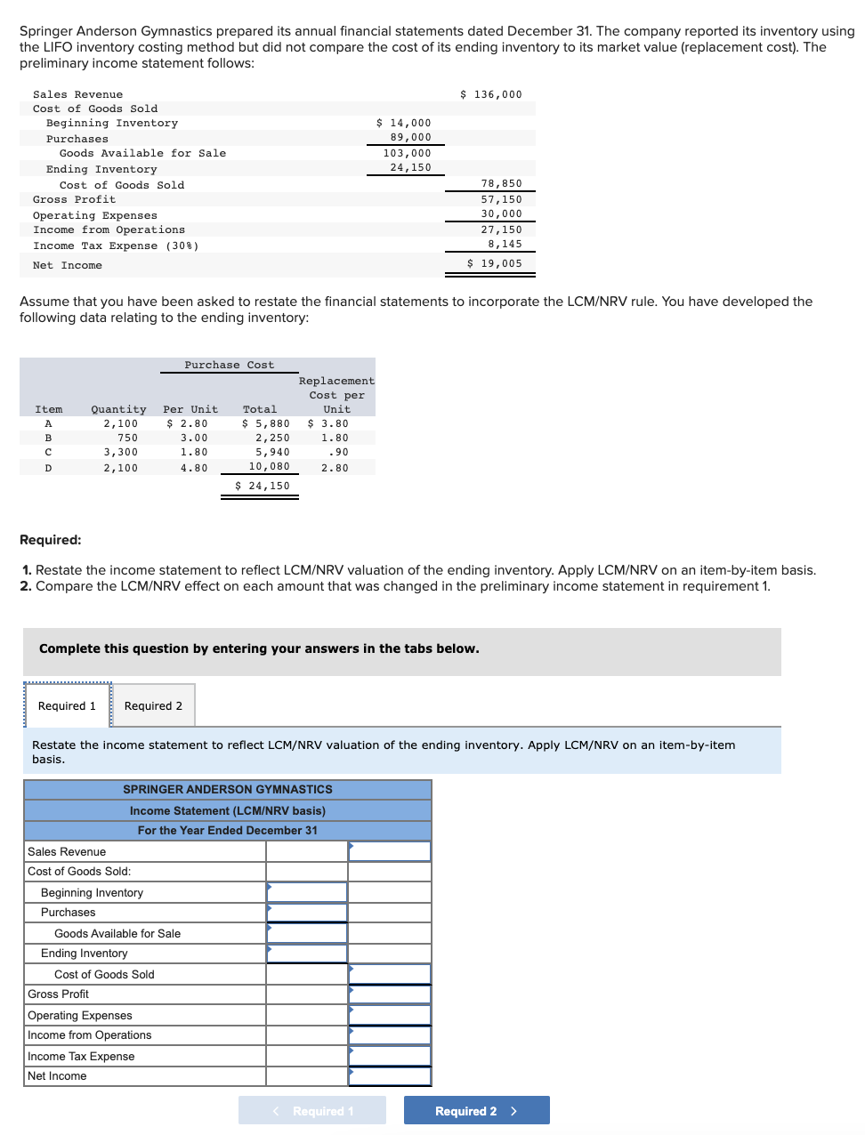 Solved Springer Anderson Gymnastics prepared its annual | Chegg.com