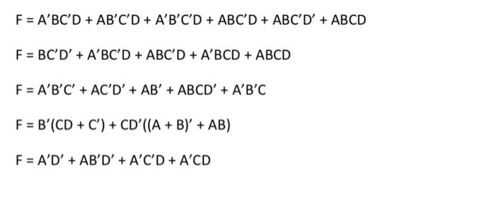 Solved F A'BC'DAB'C'D +A'B'C'D ABC'D ABC'D'+ABCD F BC'D' | Chegg.com