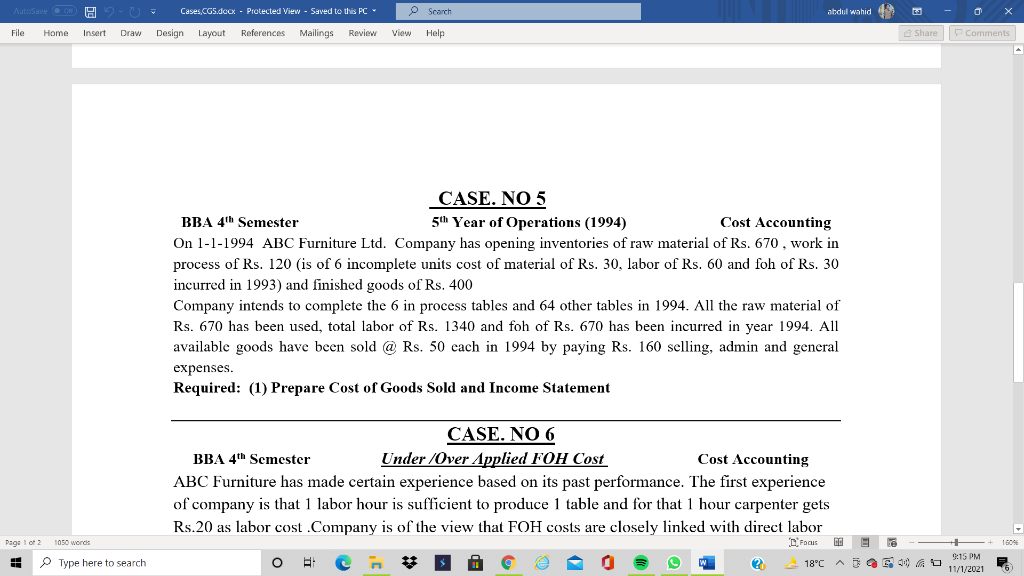 Solved B H Cases CGS.docx - Protected View - Saved To This | Chegg.com