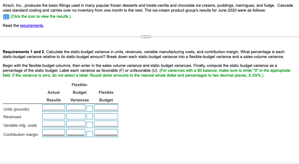 Solved Kirsch, Inc., produces the basic fillings used in