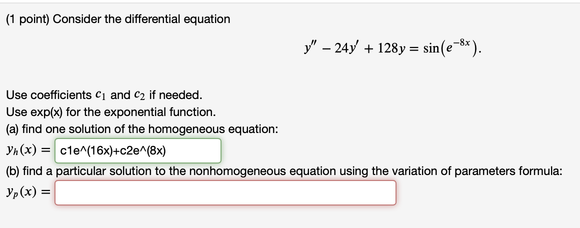 Solved (1 point) Consider the differential equation y" – | Chegg.com