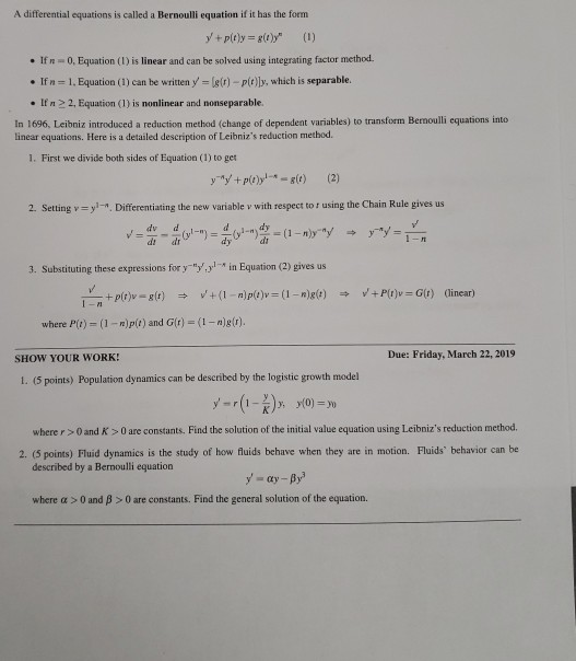 Solved A differential equations is called a Bernoulli | Chegg.com